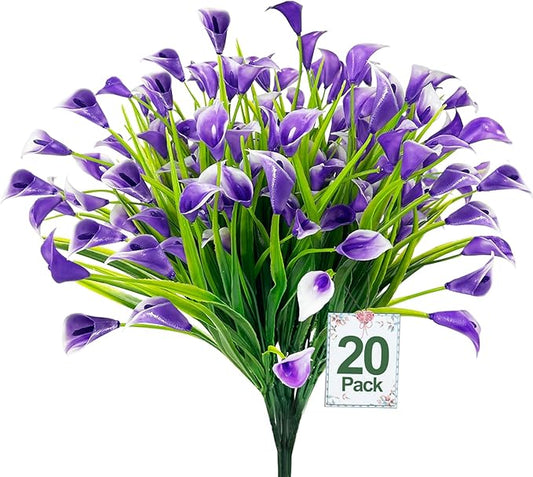 TURNMEON 20 Bundles Calla Lily (400 Heads) Artificial Flowers for Outdoors, Fake Plants UV Resistant Faux Plastic Fake Flowers for Indoor Planter Home Porch Yard Spring Summer Cemetery Decor(Purple)