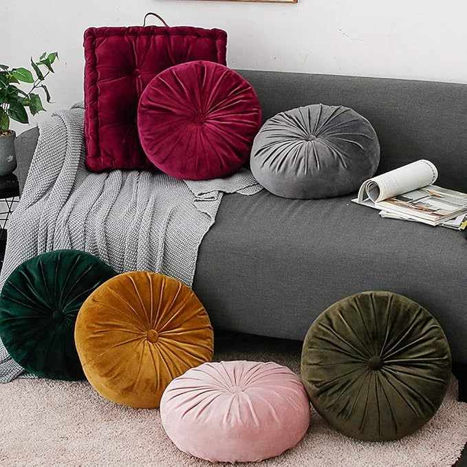 vctops Round Velvet Solid Color Chair Cushion Pumpkin Pleated Throw Pillow Home Decorative Floor Pillow Diameter 15" Light Grey