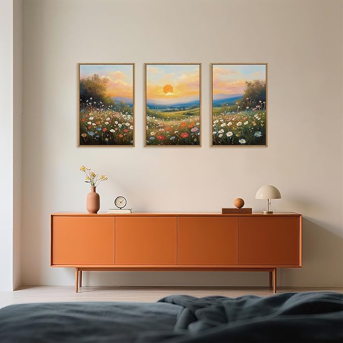 HOURIA Watercolor Spring Floral Meadow Landscape Framed Canvas Wall Art Set,Boho Vibrant Colorful Wildflower Decor,Modern Sunset Nature Inspired Scenery Artwork for Living Room,Bedroom,Farmhouse-16"x24"x3