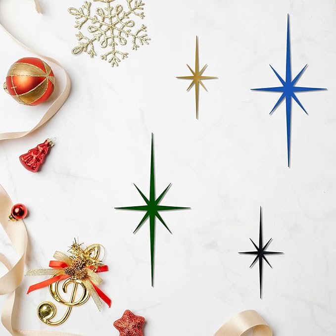 4 Pack Metal Star Wall Art 8 Pointed Starburst Wall Decor Set with 2 Large & 2 Small Pieces Mid Century Celestial Metal Wall Sculpture for Bedroom Living Room Office Gallery Wall