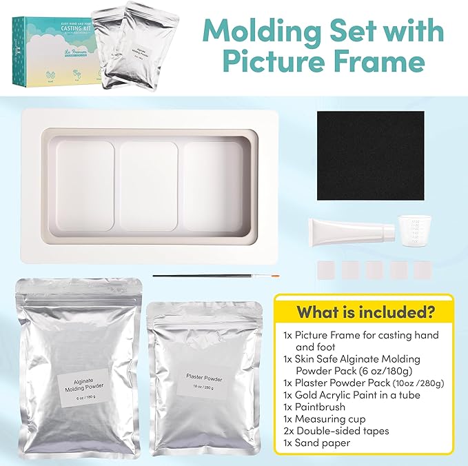 La Premura Baby Keepsake Hand Casting Kit with Shadow Box Frame - Plaster Hand Mold Baby Casting Kit for Infant Hand & Foot Molding, Perfect First Birthday, Christmas & Newborn Gifts