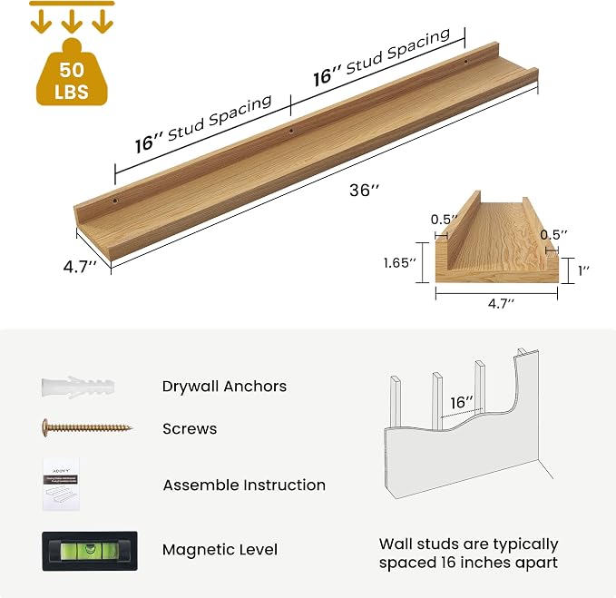Acovy Solid Ash Wood Picture Ledge Shelf, 36 Inch, Natural, Set of 2 | Floating Shelves with Lip, Photo Ledge, Wall Mounted, For Nursery Bookshelf Living Room Bedroom