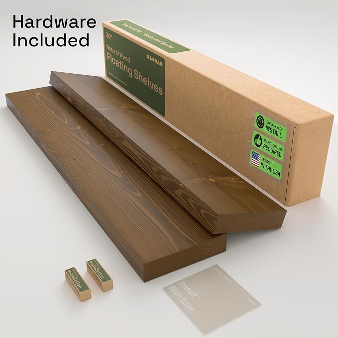 Solid Wood Floating Shelves for Wall 36 Inches Long, Walnut Wooden Shelf | Real Wood, Heavy Duty, Wall Mounted, Bedroom Bathroom Kitchen Living Room Rustic, Walnut Finish, 36W × 6.7D, Set of 2