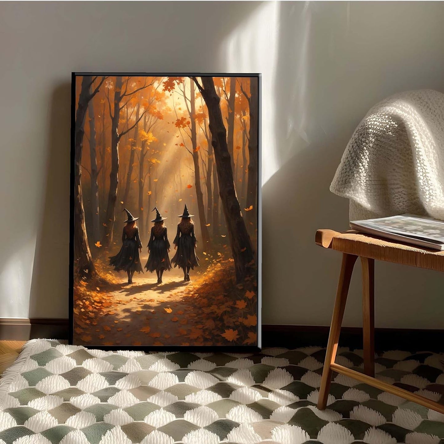 JFHCQJPK Three witches walking in the forest in autumn canvas painting gothic poster halloween print country witch wall art for home decoration16x24in Metal blackFramed