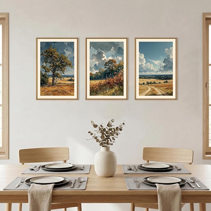 KAIRNE Nature Landscape Framed Canvas Wall Art Set,Watercolor Countryside Forest Wall Decor,Blue Green Scenery Art Prints,Rustic Wilderness Artwork for Living Room,Bedroom,Farmhouse,Office-16 x24 x3