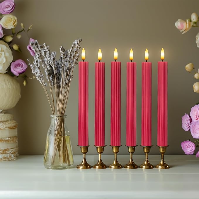12 Pack, 10" LED Flameless Real Wax Red Fluted Ribbed Grooved Taper Candles, Remote & 24h Timer Memory, On/Off Button, Dimmable, Flicker Mode, Battery Operated, Wedding