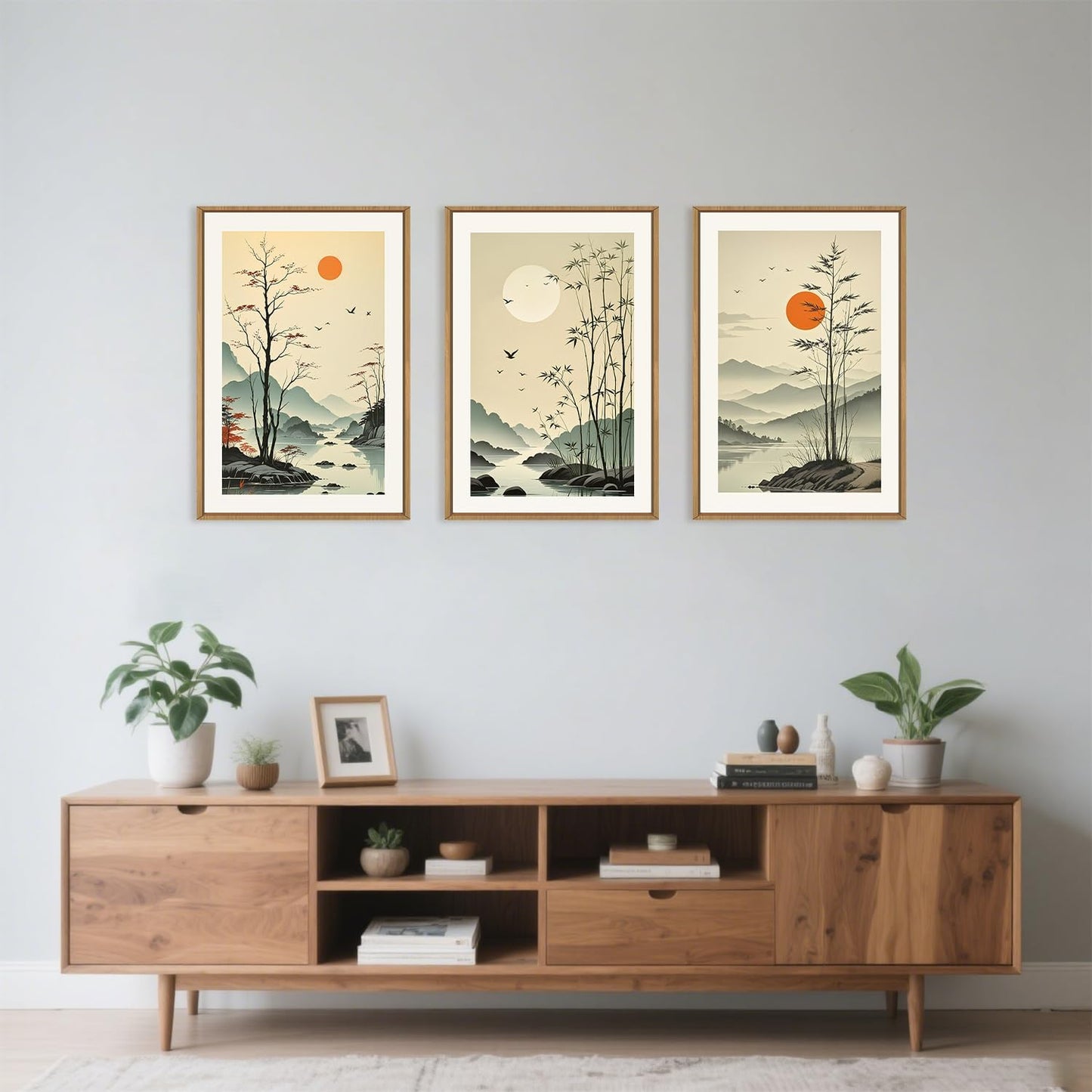Celestdeco Chinoiserie Bamboo Forest Framed Canvas Wall Art Set, Nature Tree Lakes Wall Decor, Minimalist Zen Landscape Wall Painting, Watercolor Art Prints for Living Room, Bedroom, Office 24"X36"X3