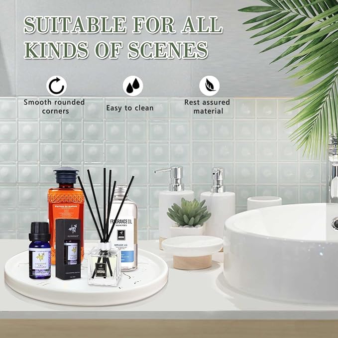 White Round Marble Bathroom Sink Vanity Tray, Coffee Table Stone Tray, Soap Dish for Kitchen Counter (White, 8 in)