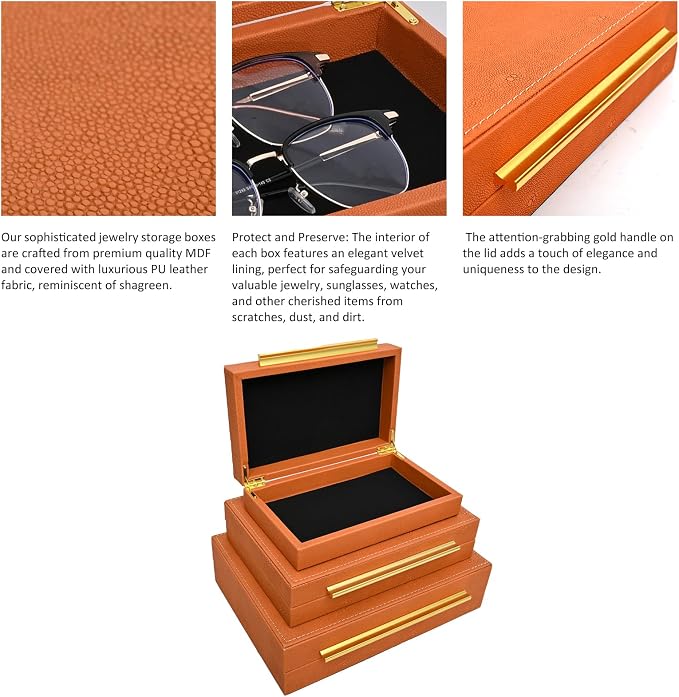 DECOR4SEASON Faux Shagreen Decorative Storage Boxes – Set of 3 Stackable Jewelry Organizers with Gold Metal Handles & Velvet Lining, Modern Burn Orange Box for Vanity, Entryway & Coffee Table Décor
