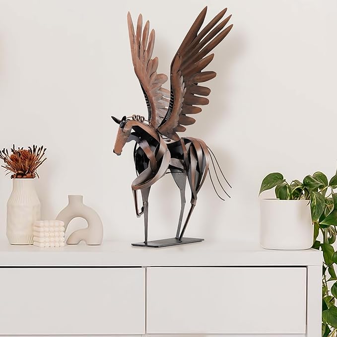 SunBlogs Art Horse Statue Décor Artwork, 24" H Handmade Metal Pegasus Greek Flying Horse Sculpture, Hand-Painted Animal Figurines for Home Living Room Office (Vintage Brown with Wings)