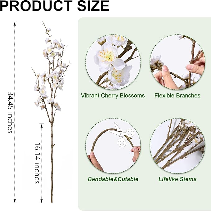 florisso 6 PCS Artificial Cherry Blossom Branches Spring Indoor Decoration, Faux Flowers 34.45" Long Stems Plum Fake Peach Plants Real Touch Silk for Wedding Home Bedroom Party Table Office, White