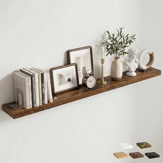 72 Inch Floating Shelves for Wall, 8"D Wood Storage Shelves, Brown Finish | Engineered Wood, Invisible Bracket, Large Storage, Easy Install, Hold Up to 99lbs, Living Room, Bathroom, Bedroom, Kitchen