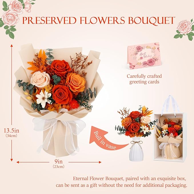Flowers for Delivery Prime Preserved Flower Bouquet That Last 3-5 Years Real Forever Rose Bouquet for Her Women Wife Grandma Girlfriend Anniversary Birthday Mothers Day Gifts for Mom,Orange