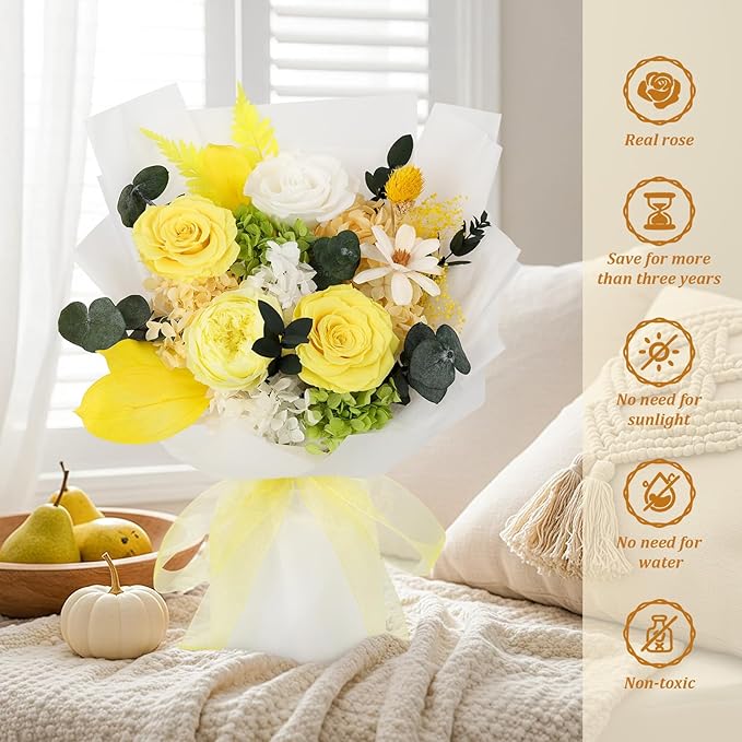 Flowers for Delivery Prime Preserved Flowers Bouquet That Last 3-5 Years Real Forever Roses Bouquet for Her Women Wife Grandma Anniversary Birthday Mothers Day Gifts for Mom(Yellow)