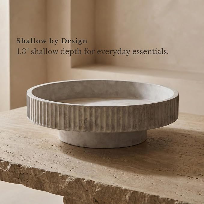 JUPTR Concrete Fruit Bowl (12") – Shallow Fluted Pedestal Decorative Centerpiece Bowl for Table, Entryway Catch-All & Modern Home Decor – Heavyweight Stone Bowl (Natural)