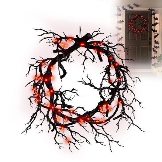 Halloween Black Branch Wreath - 20 Inch Glitter Black Twig Halloween Wreaths with Red Lights for Front Door Indoor Outdoor Party Window Wall Decor Farmhouse Garland Yard