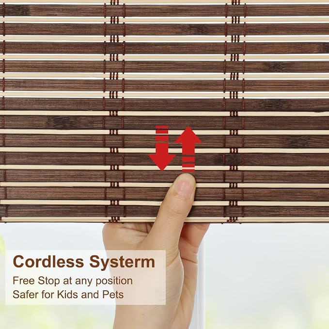 LUCKUP Cordless Roman Shades, Roll Up Bamboo Blinds for Indoor Windows, Light Filtering UV Protection Natural Bamboo Shades, Easy to Install for Home & Office, 44" W x 64" L, Brown
