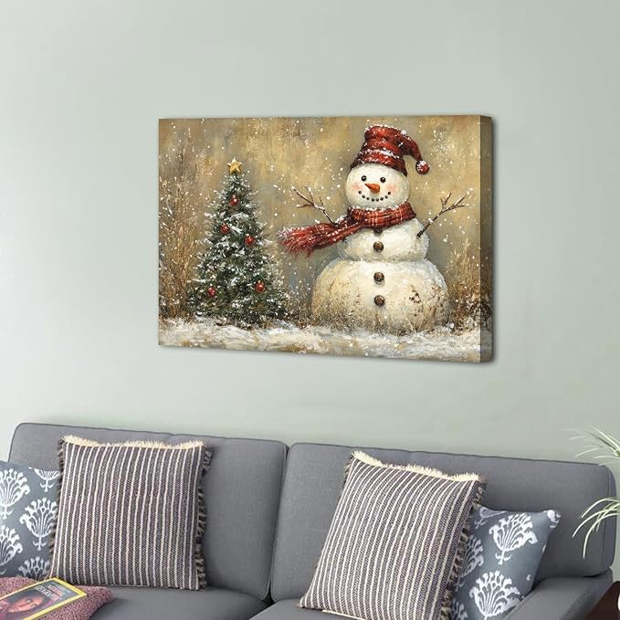 Vintage Christmas Wall Decor Christmas Tree Snowman Wall Art Pine Trees Botanical Snow Scene Winter Landscape Picture for Living Room Entryway Cabin Home Decoration Xmas Festival Holiday Artwork 20x30
