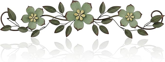 Wesiti Metal Flower Wall Decor Vintage Spring Metal Flower Wrought Iron Scroll Sculpture 15.7''x3.7'' Farmhouse Leaf Wall Decor with Nails for Spring Living Room Bedroom Indoor Outdoor(Green)
