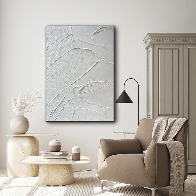Creespi White Textured Wall Art - Hand Painted Abstract Oil Painting 28x40 inch,Contemporary Minimalist Art Painting for Wall Decor