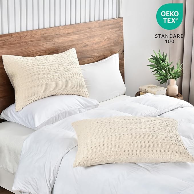 PHF Waffle Weave Pillow Shams Queen Size, 2 Pack 100% Cotton Pillowcases 20" x 30", No Insert, Soft & Breathable Aesthetic Woven Pillow Case Covers for Bedroom Decor, Natural