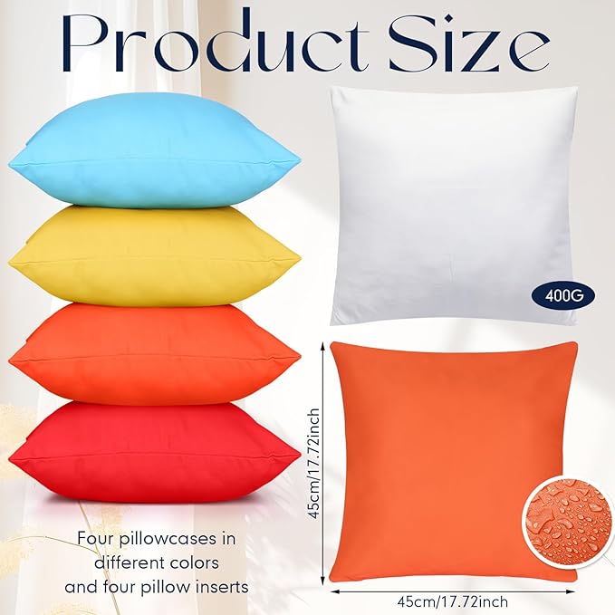 Colingmill 4 Set Waterproof Colorful Outdoor Throw Pillow Covers with 4 Pillow Inserts 18 x 18 Inch Picnic Decorative Waterproof Throw Cushion for Home Sofa Couch Patio