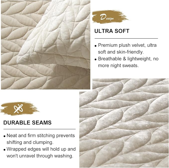 Ivellow Luxury Velvet Quilt Set Queen Size Bedding Sets Lightweight Ultra Soft Velvet Comforter Set Leaves Chevron Stitch Oversized Bedspread Coverlet 3 Pcs Full Bed Cover Sets for All Seasons Beige