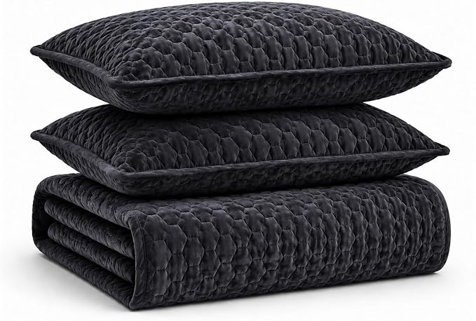 Tribeca Living Lugano Oversized Velvet Quilt Set - All Season, Extra Large, 2 Piece Twin Size Comforter Set with 1 Pillow Sham in Steel Grey Honeycomb Pattern 260GSM