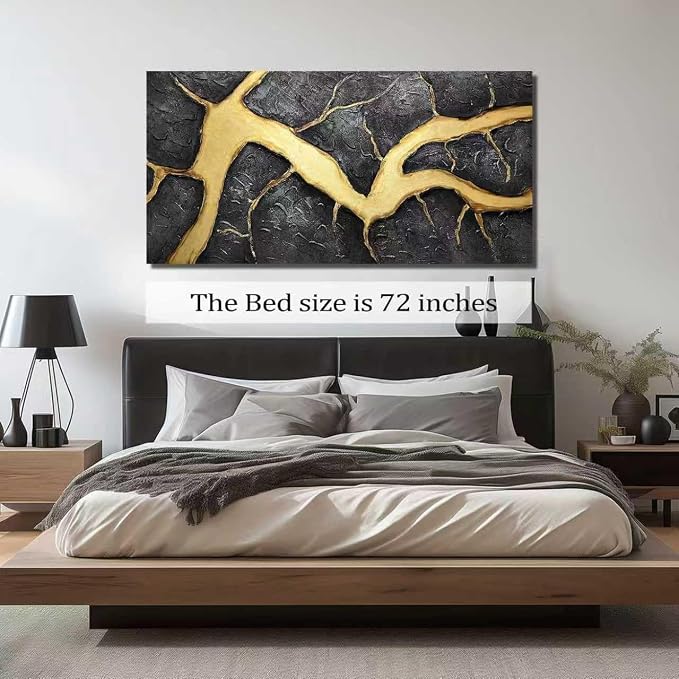 DNIEOTU Hand Painted Abstract Wall Art for Living Room, Black and Gold Canvas Wall-Decor for Bedroom, 3D Textured Paintings for Hallway Office, Large Size 72 x 36 Inches