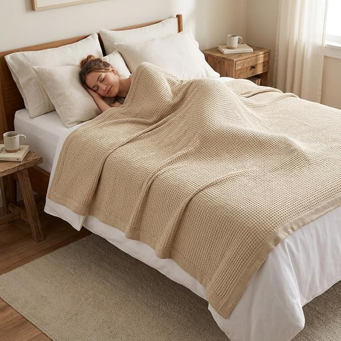 TreeWool Premium 100% Cotton Waffle Queen Blanket (90"x90", Beige) | Breathable Lightweight Moisture Wicking Soft Knit Thermal Blanket for Summer, Bed or Sofa All-season Comfort Machine Washable