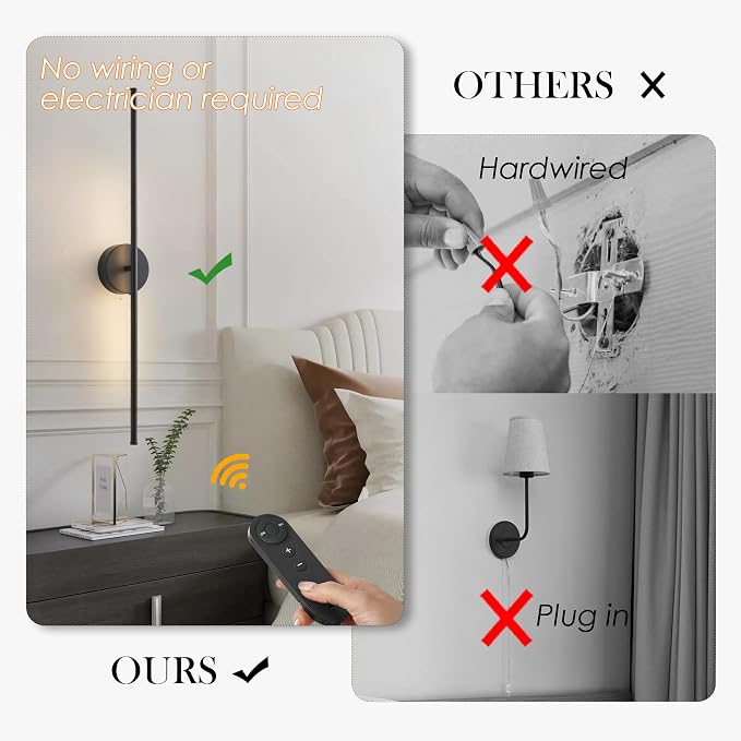 KARTOOSH Battery Operated Wall Sconces, Dimmable Wall Sconces Set of Two, 350°Rotate, 3000K LED Black Wireless Wall Light for Living Room, Bedroom,Hallway, 40.1 Inch (2 Pack)