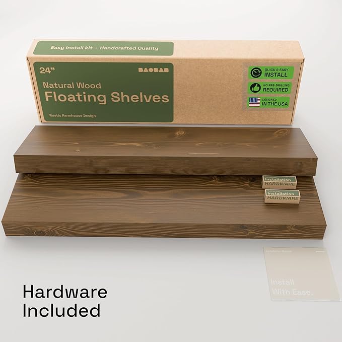 Solid Wood Floating Shelves for Wall 24 Inch Walnut, Wooden Bathroom Shelf | Real Wood, Wall Mounted, Rustic Farmhouse, Bedroom Kitchen Living Room, Walnut Finish, 24W x 6,7D, Set of 2