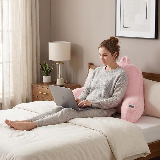 Large Plush Backrest Pillow for Sitting in Bed,Faux Fur,White | 19" Back Pillow with Arms Supports Adults,College Students,Elbows & Forearms for Dorm Reading,Gaming,Watching TV