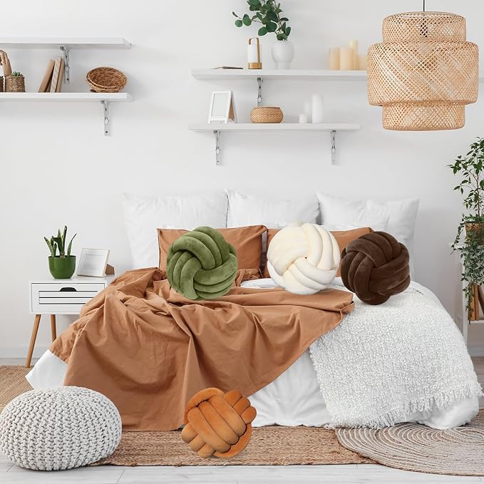 Yerliker 4 Pcs Knot Pillow Ball, 8.7 Inches Soft Home Decorative Round Throw Pillow Handmade Knotted Plush Accent Cushion Gifts for Nursery Decor Home Bed Sofa Bedroom Decoration(Earth Color)