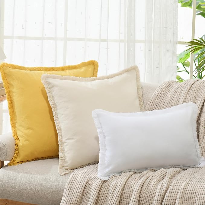 ZWJD Pillow Covers 20x20 Set of 2 Beige Throw Pillow Covers with Fringe Chic Cotton Decorative Pillows Square Cushion Covers for Sofa Couch Bed Living Room Farmhouse Boho Decor