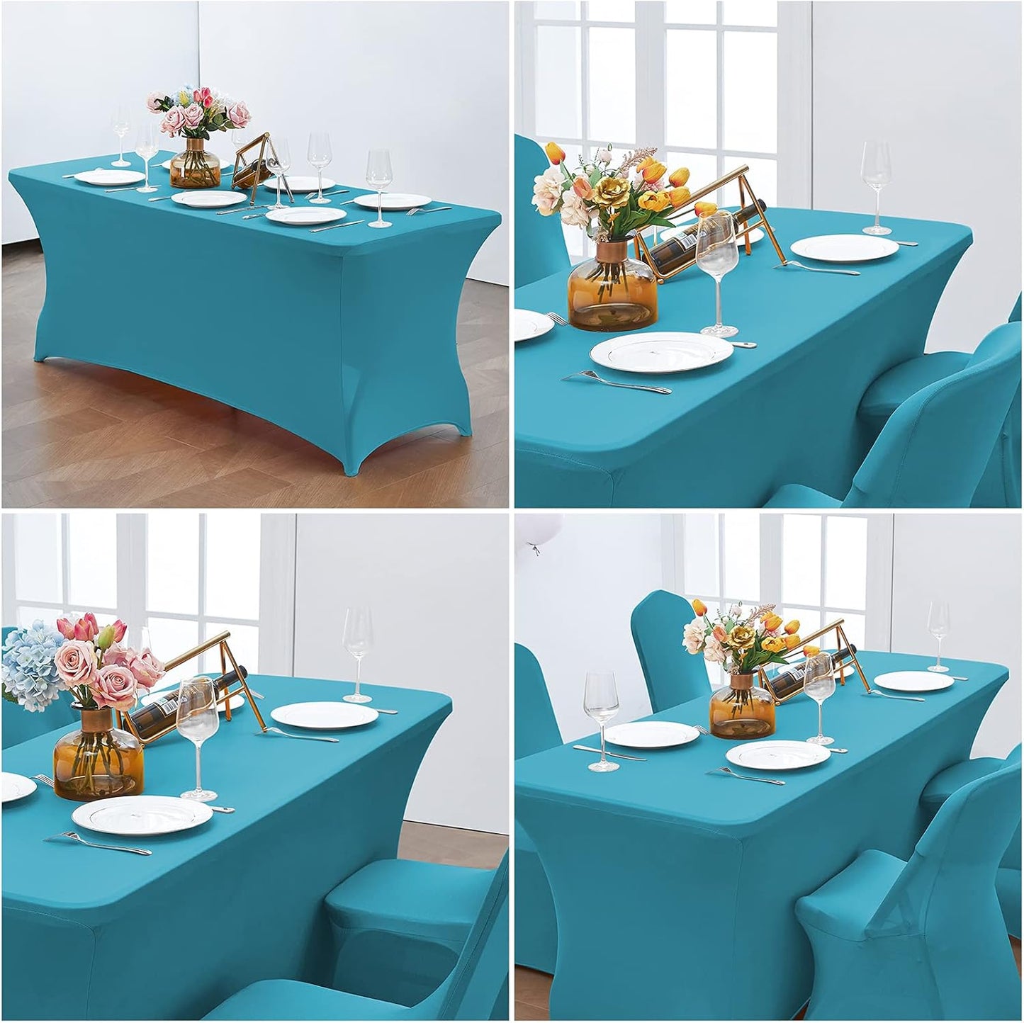 CWK 8FT Waterproof Stretch Spandex Table Cover for Rectangular Tables - Elastic Fitted Tablecloth for Folding Tables,Wrinkle Resistant Table Cloth for Parties, Weddings, Banquets & Events (Teal)