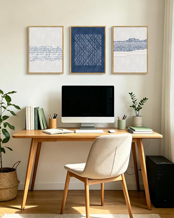 PHOPAGO Navy Blue Abstract Framed Wall Art Mid Century Minimalist Wooden Pastel Boho Wall Decor Modern Neutral Farmhouse Living Laundry Decor- 12x16in Natural Framed