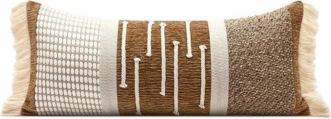 Decorative Lumbar Pillow Cover 12x28, Handwoven Boho Long Body Pillow for Bed Farmhouse Lumbar Throw Pillow, Cotton Linen Tassel Cushion Case for Sofa, Living Room, Bedroom(Light Brown)