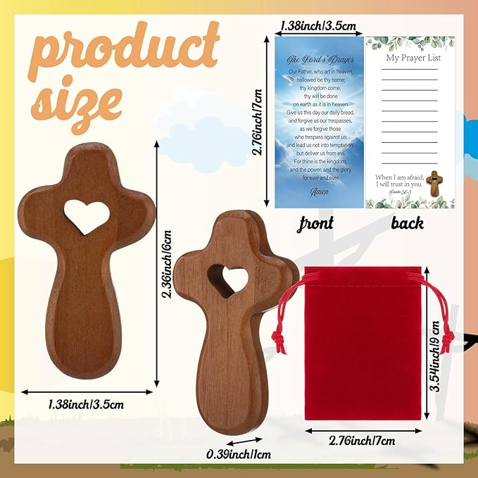 Bucherry Olive Wood Cross My Heart Small Pocket Crosses with Bags and Prayer Cards Jesus Christian Holding Hand Crosses Bulk for Christmas Baptism First Communion Gift(25 Set,Dark,2.36 Inches)
