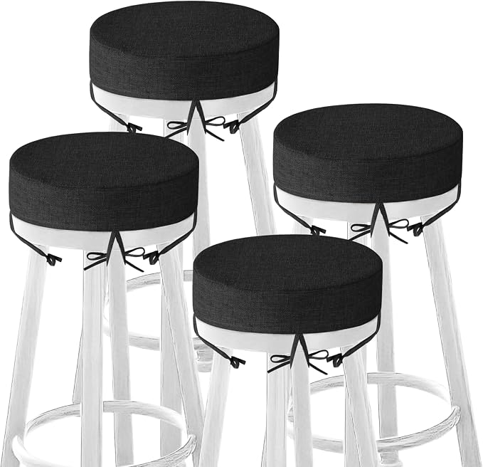 Bar Stool Cushions Round 3" Thick Round Seat Cushions for Chairs 4 Pack Non Slip Bistro Chair Pads with Machine Washable Cover (12 Inch, Black)
