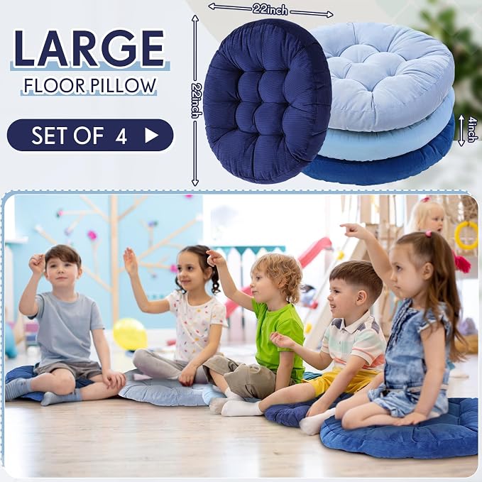 Jerify 4 Pcs Floor Pillow Cushions Large Round Square Large Meditation Floor Pillow for Classroom Adult Meditation Picnic Party Seating Learning Daycare School (Round,Dirty Blue)