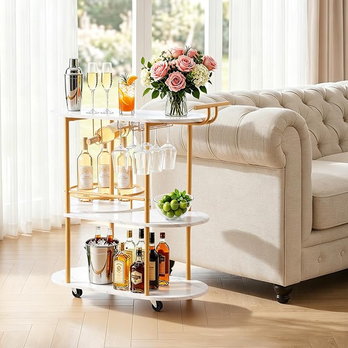 VEVOR Bar Cart, 3 Tiers Home Kitchen Serving Carts, Modern Round Rolling Utility Station on Wheels, Mobile Drink Beverage Trolley w/Wooden Shelf, Wine Rack, Glass Holder, for Living Dining Room, Gold