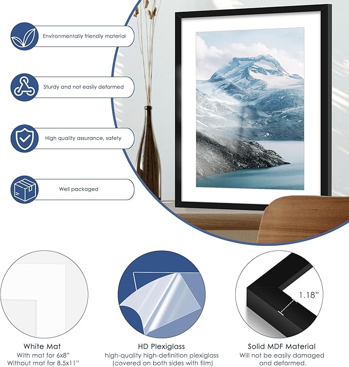 PEALSN 20x28 Picture Frame Set of 6, Display Pictures 16 x 24 with Mat or 20 x 28 without Mat for Wall Mounting or Table Top Display, Poster Frames Collage for Wall Decor, Black.