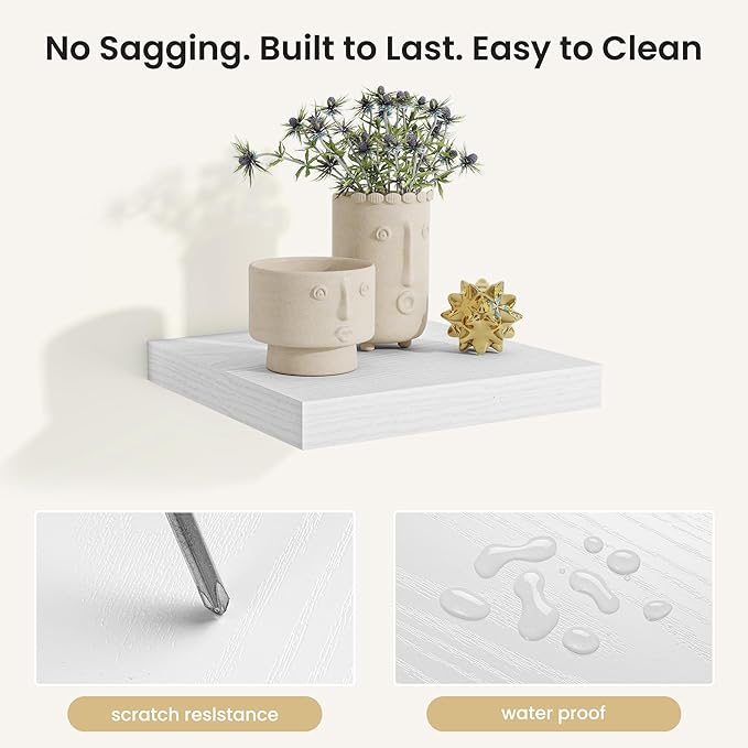 Fun Memories Rustic Floating Wall Shelves, Wall Mounted Wood Storage & Display Shelves for Bathroom, Bedroom, Living Room or Kitchen, (Set of 3, White, 12 in)