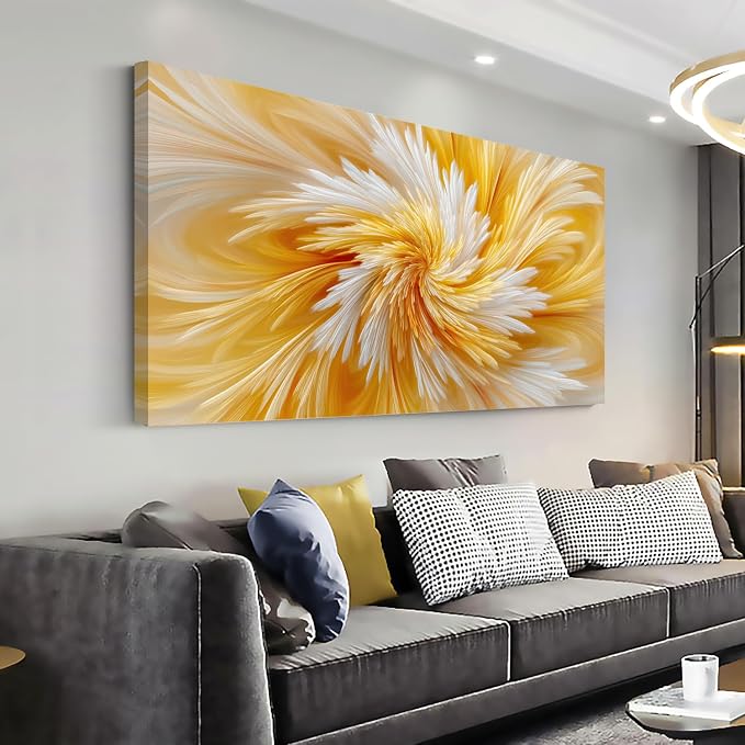 Ggaafet Yellow Abstract Wall Art for Living Room Canvas Painting Prints Warm Soft Radial Feather Art Deco Modern Artwork Office Bedroom Family Room Decor Extra Large