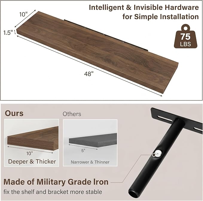 Acovy 10" Extra Deep Floating Shelves for Wall, 48" Long Wood Wall Shelves Set of 1 for Bathroom Bedroom Kitchen Living Room Laundry Room, Modern Floating Shelf for Home Decor