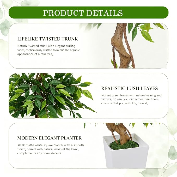 GTIDEA 6FT Ficus Artificial Tree in Tall Decorative Planter, 72 ''Tall Faux Ficus Tree with Realistic Green Leaves and Natural Trunk, Large Fake Indoor Plant for Living Room, Office, Home Corner Decor