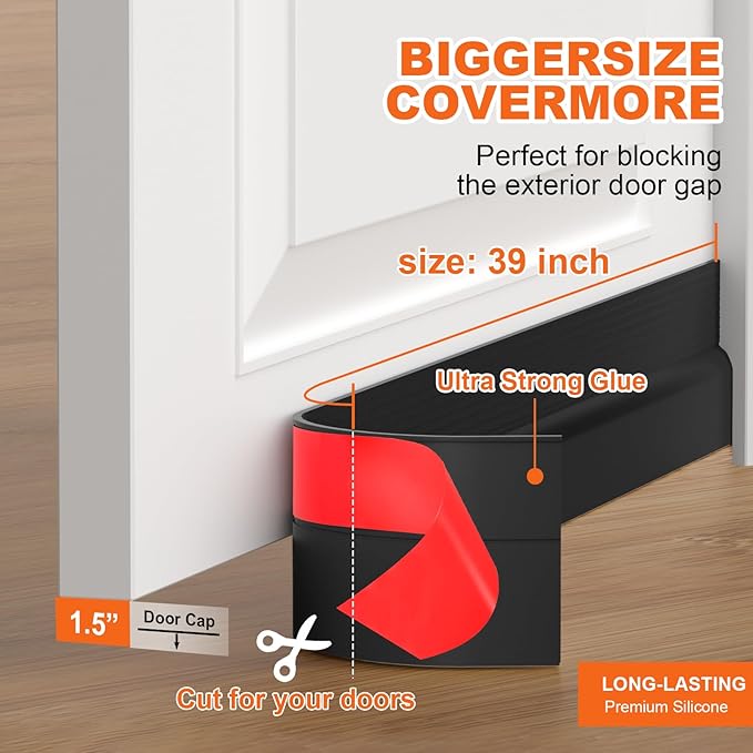 5Pack Door Draft Stopper, Black Door Sweep for Bottom of Exterior & Interior Doors Weather Stripping Door Seal Gap Filler Bottom Noise Cold Air Insulation Save Energy Install Quickly Easily