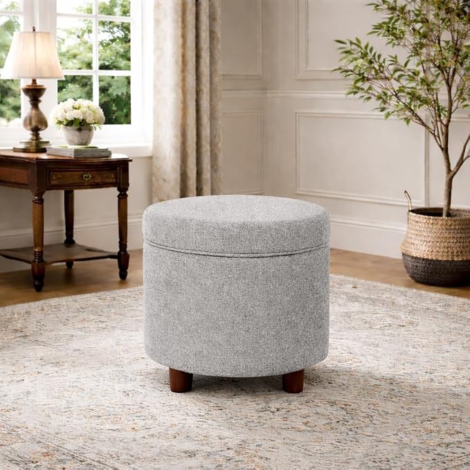 HomePop 19" Round Storage Ottoman - Light Gray Tweed