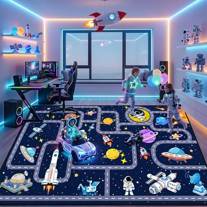 Space Rug 6x8 Feet Non Slip Kids Area Rug for Toy Cars Solar System Educational Road Traffic Carpet with Planets Astronauts Galaxy Theme for Boys Bedroom Playroom Nursery Dark Blue